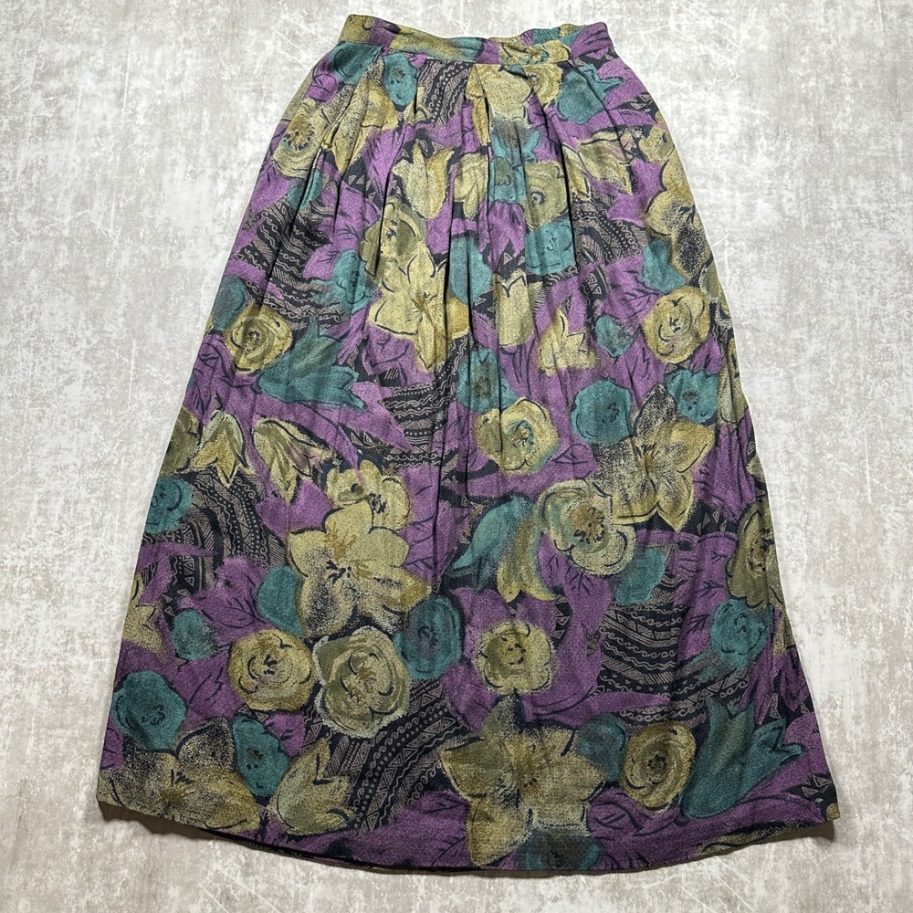Vintage Gianni Cottagecore Skirt Women 6 Purple Green Floral Made in USA